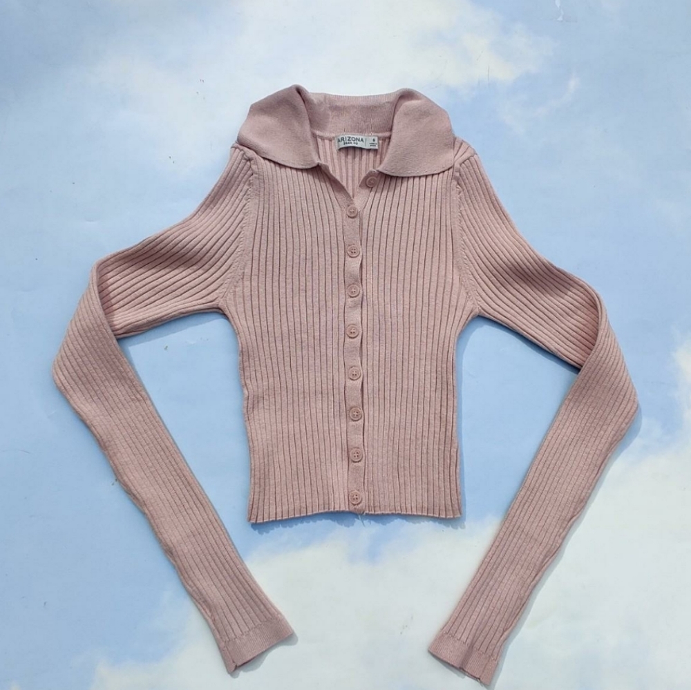 Pink Collared Button Down Sweater Knit Sweater Cardigan with Collar Trendy